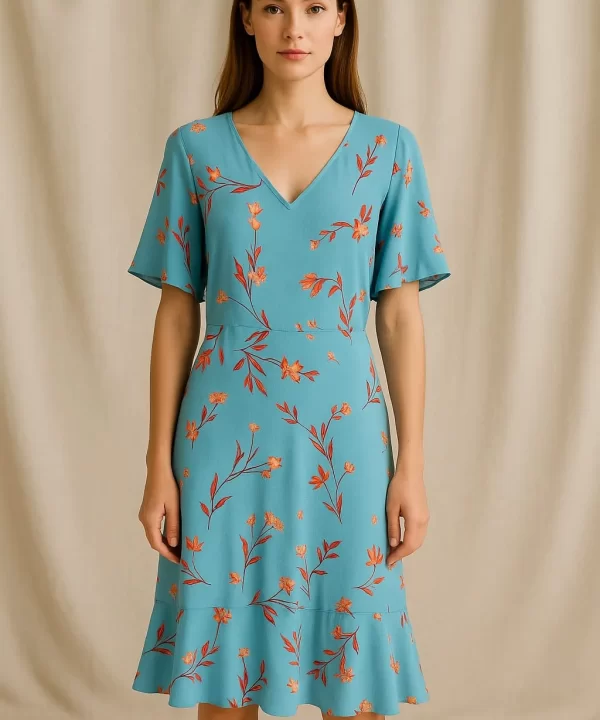 VESTIDO MANGA CURTA AZUL ESTAMPA DE FOLHAS VERMELHAS- MARIA FILO