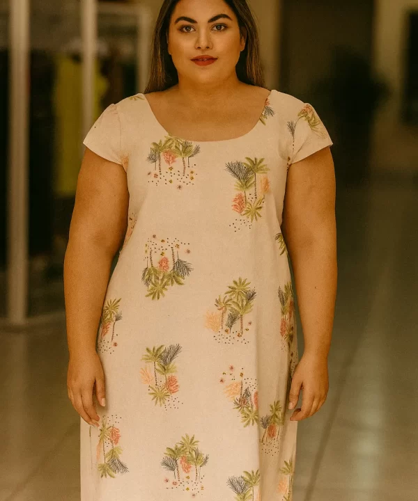 VESTIDO DE LINHO BEGE MANGA CURTA ESTAMPA DE COQUEIROS APAGADOS