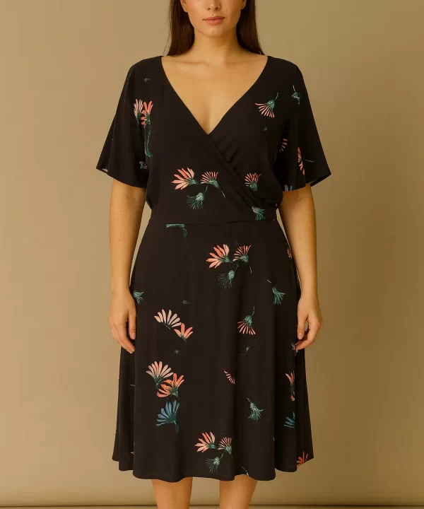 VESTIDO MANGA CURTA PRETO COM ESTAMPA DE FLOR- MARIA FILO