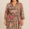 VESTIDO MANGA LONGA TRANSPASSADO ANIMAL PRINT COM FLORES VERMELHAS -RERY