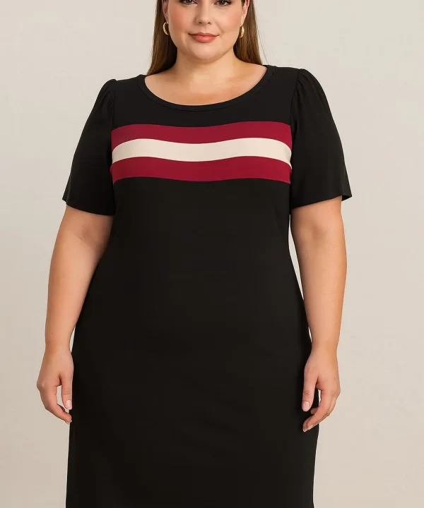 VESTIDO DE MALHA MANGA CURTA PRETO COM LISTRAS VINHO E BEGE NO BUSTO