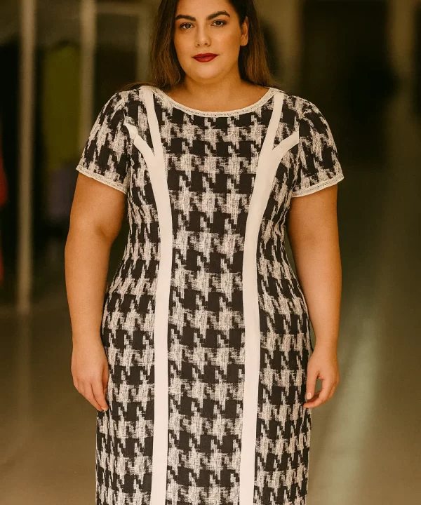 VESTIDO MANGA CURTA PRETO COM RAJADO BRANCO ZIPER NAS COSTAS - LANA ROSA