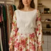 VESTIDO MANGA LONGA BRANCO E ESTAMPA DE FLORES ROSAS RENDA NA CINTURA- LOFT747