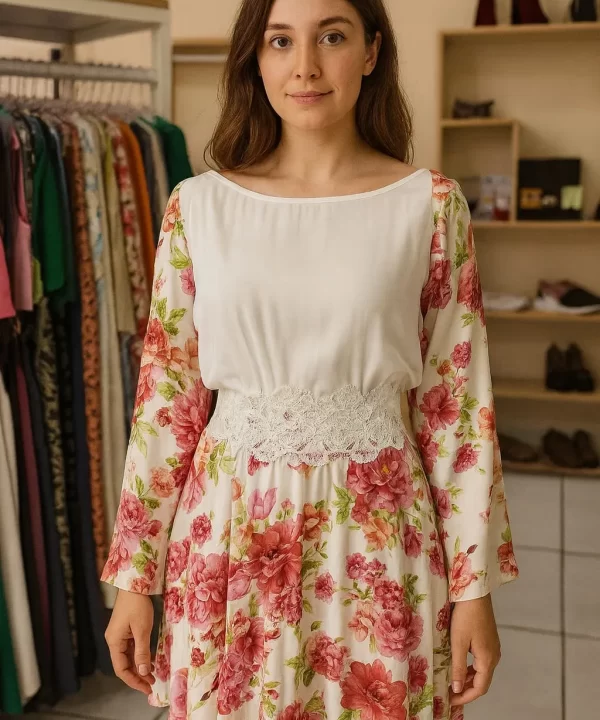 VESTIDO MANGA LONGA BRANCO E ESTAMPA DE FLORES ROSAS RENDA NA CINTURA- LOFT747