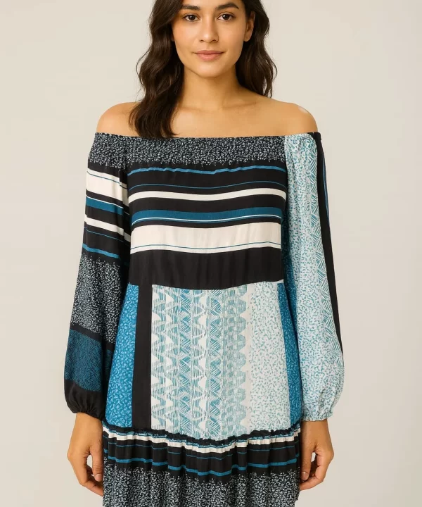 VESTIDO CIGANINHA MANGA LONGA EM TONS DE AZUL