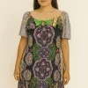 VESTIDO CIGANINHA PRETO VERDE COM ESTAMPA ARABESCA ROSA AMARELO E VERDE- FARM