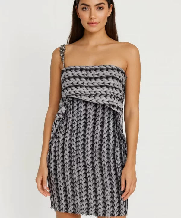 VESTIDO CINZA DE TRANÇA ALÇA DE PEDRARIA - ANIMALE