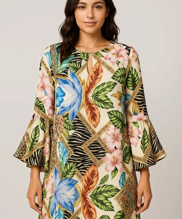 VESTIDO MANGA LONGA ACETINADO COM MIX DE ESTAMPA- JEAN DARROT