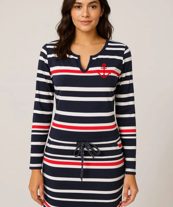 VESTIDO MANGA LONGA AZUL MARINHO LISTRAS VERMELHAS BRANCA ELÁSTICO NA CINTURA