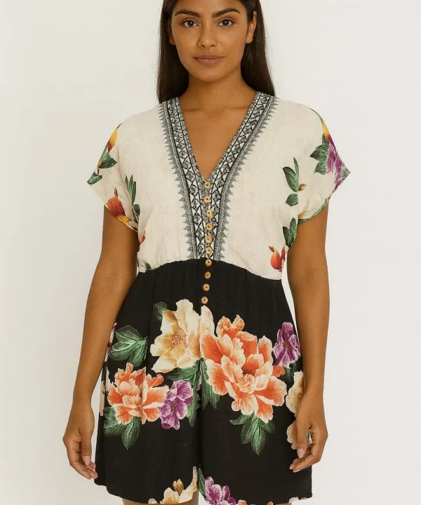 VESTIDO MANGA CURTA FLUIDA BUSTO CREME SAIA PRETA ESTAMPA FLORAL - FARM