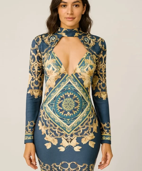 VESTIDO MANGA LONGA VERDE COM ESTAMPA DOURADA, DECOTE CORAÇÃO - TIGRARA