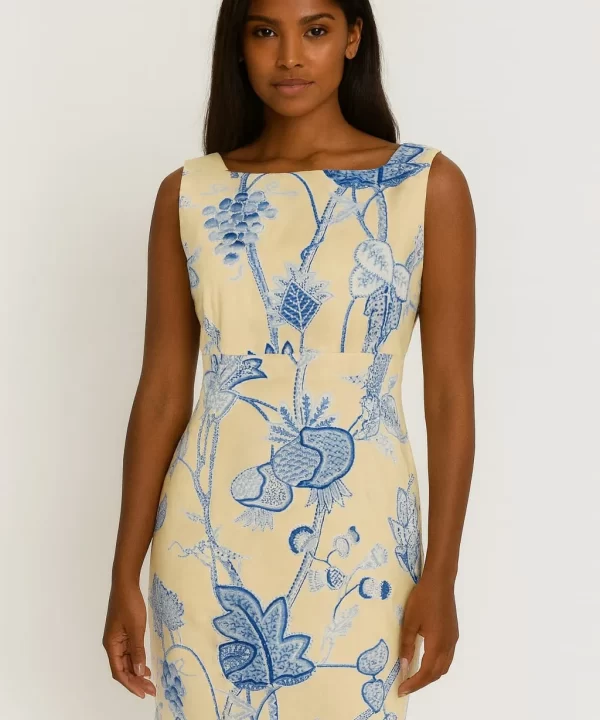 VESTIDO SOCIAL AMARELO ESTAMPA FLORAL AZUL COM MIÇANGAS ZIPER NAS COSTAS- MAGGY LONDON