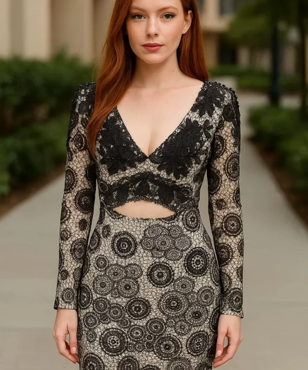 VESTIDO TRANSPASSADO NAS COSTAS, BORDADOS EM PRETO MANGA LONGA PEDRARIA PRETA NOS OMBROS ABERTO NA BARRIGA- PERFECT WAY