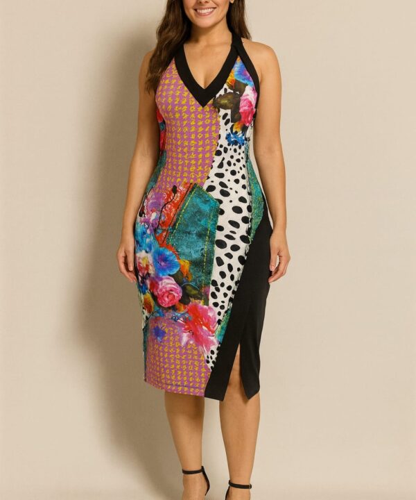 VESTIDO MALHA FRIA MIX DE ESTAMPA COLORIDA ROSA BRANCO PRETO E AMARELO - LANA ROSA