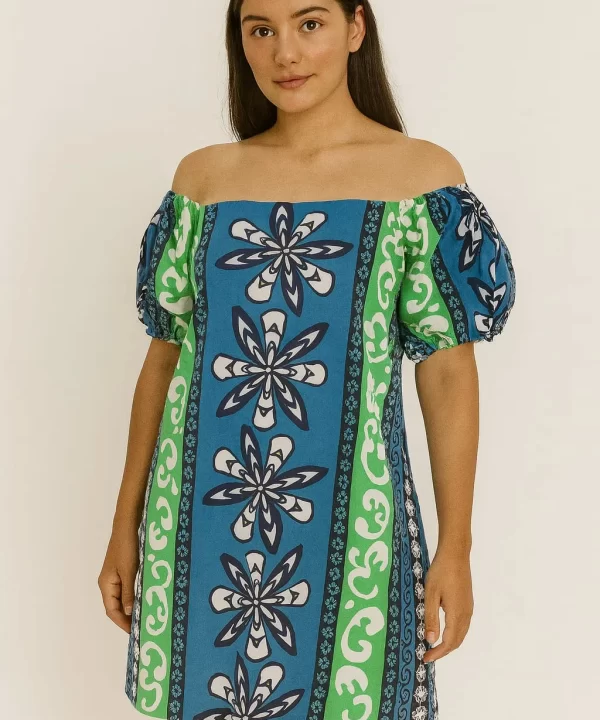 VESTIDO VERDE E AZUL ESTAMPA BRANCA ABSTRATA DECOTE QUADRADO - A.BRAND