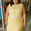 VESTIDO AMARELO MANTEIGA COM DETALHES BRANCOS ZIPER NAS COSTAS - BELART