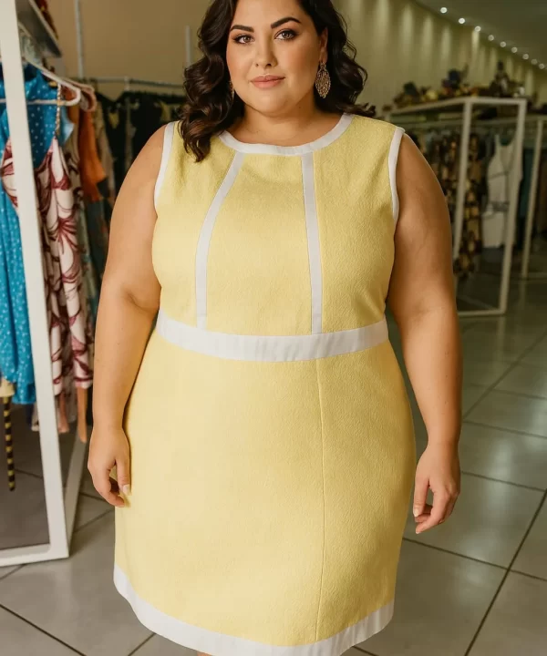 VESTIDO AMARELO MANTEIGA COM DETALHES BRANCOS ZIPER NAS COSTAS - BELART