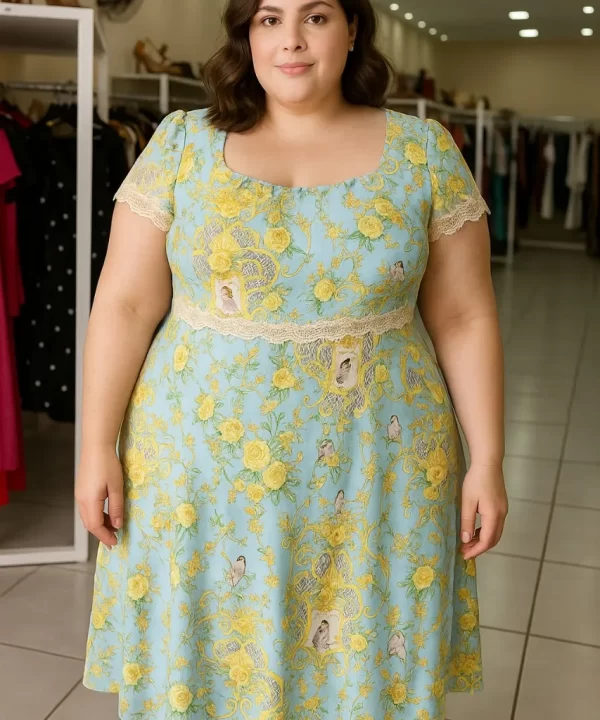 MACAQUINHO CIGANINHA FUNDO AZUL ESTAMPA AMARELA COM PASSAROS E DETALHES EM RENDA BRANCA - LESLLY