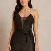 VESTIDO DE ALCINHA PRETO NO LUREX COM TULE