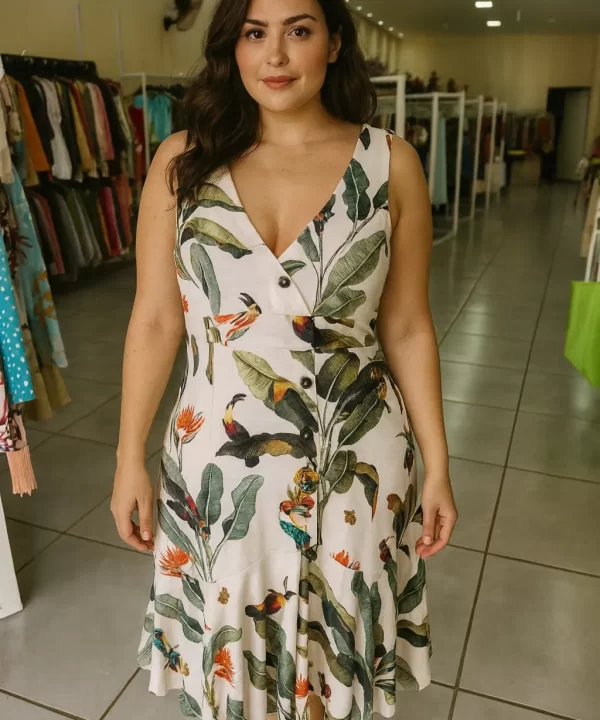 VESTIDO DE ALÇA FUNDO BRANCO ESTAMPA DE FOLHAGEM, BOTOES NA FRENTE- PATBO