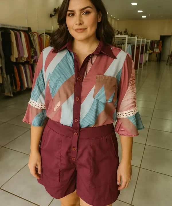 MACAQUINHO MANGA CURTA BLUSA ESTAMPA VERDE MILITAR VERDE E ROXO SHORT ROXO ESCURO- GALUNA