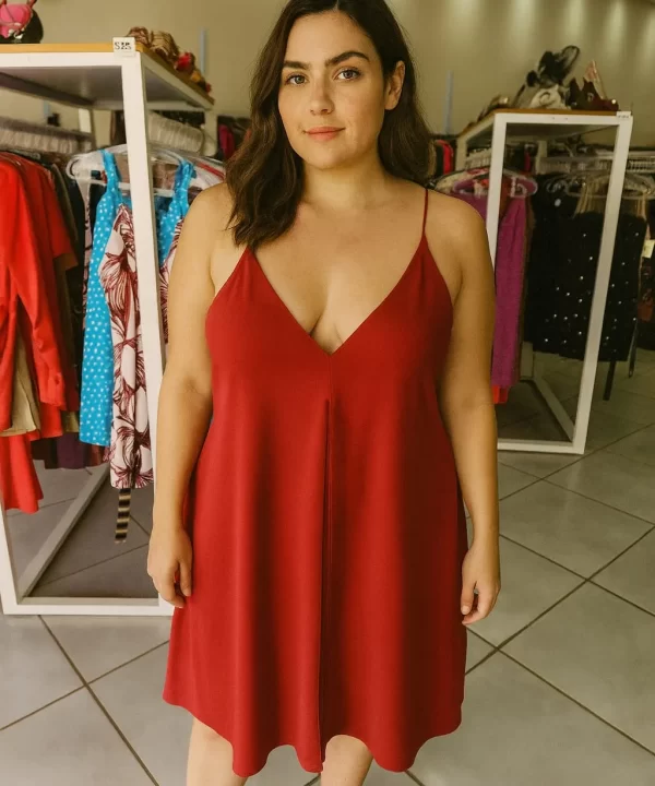 VESTIDO ALCA DE TIRA VERMELHO FLUIDO COM PLISSADO NO CENTRO- ANIMALE