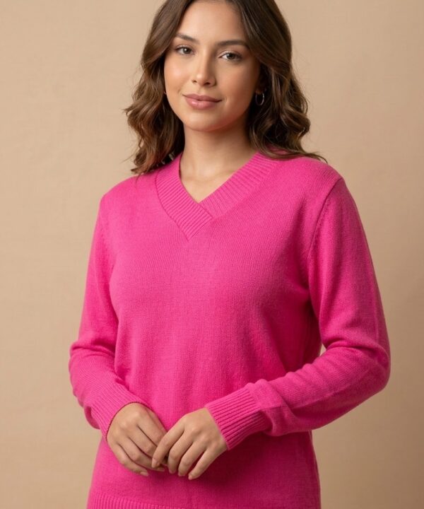 BLUSA DE FRIO MANGA LONGA GOLA V ROSA CHICLETE DE TRICÔ