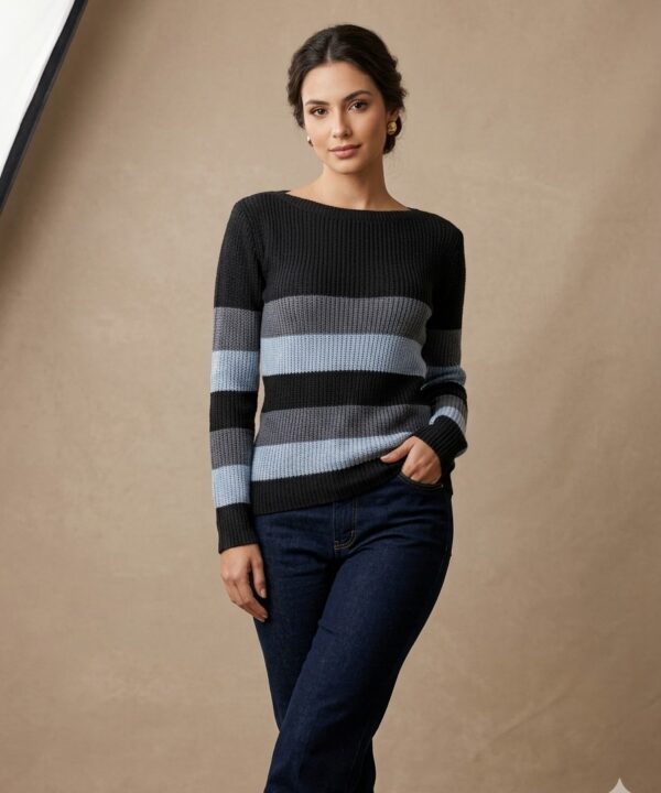 BLUSA DE FRIO / SUETER DE TRICÔ COM FAIXAS AZUL BEBÊ CINZA GRAFITE E PRETO