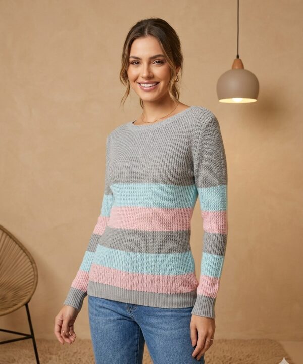 BLUSA DE FRIO / SUETER DE TRICÔ COM FAIXAS CINZA BEBÊ ROSA E AZUL