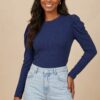 BLUSA MANGA LONGA BUFANTE CANELADA AZUL MARINHO GOLA FECHADA - I&N