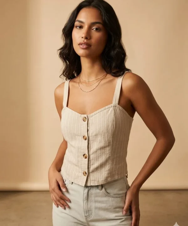 CROPPED DE ALÇINHA BEGE PUXADO PARA O OFF COM BOTOES MARRONS - SUFFI