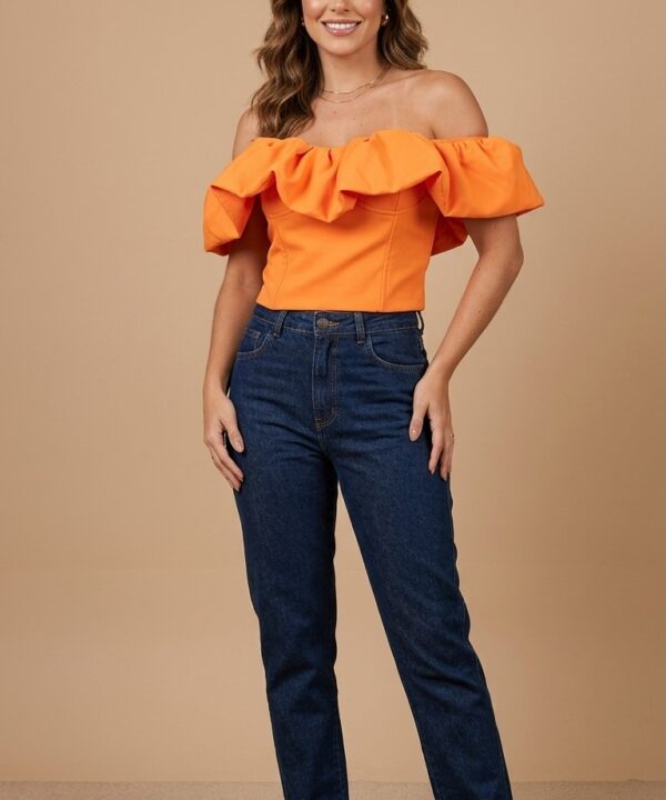 CROPPED TOMARA QUE CAIA COM BABADOS LARANJA COM BABADO NO BUSTO - MY LIFE BRAND