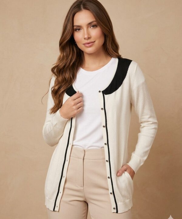 CARDIGAN BRANCO COM DETALHES PRETO DE BOTOES NA FRENTE- INFINI
