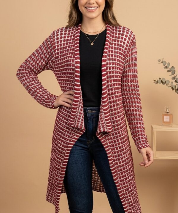 CARDIGAN MANGA LONGA VERMELHO COM XADREZ BRANCO