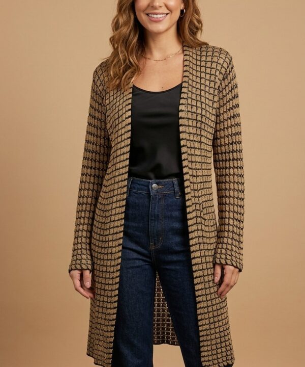 CARDIGAN MANGA LONGA BEGE COM XADREZ PRETO
